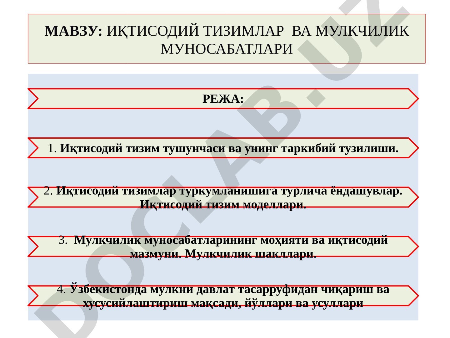 ИҚТИСОДИЙ ТИЗИМЛАР ВА МУЛКЧИЛИК МУНОСАБАТЛАРИ