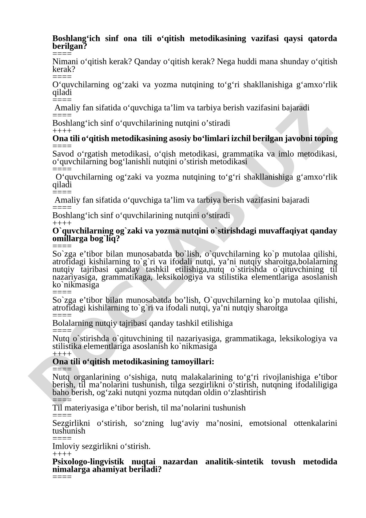 Boshlang'ich sinf ona tili o'qitish metodikasi test savollari