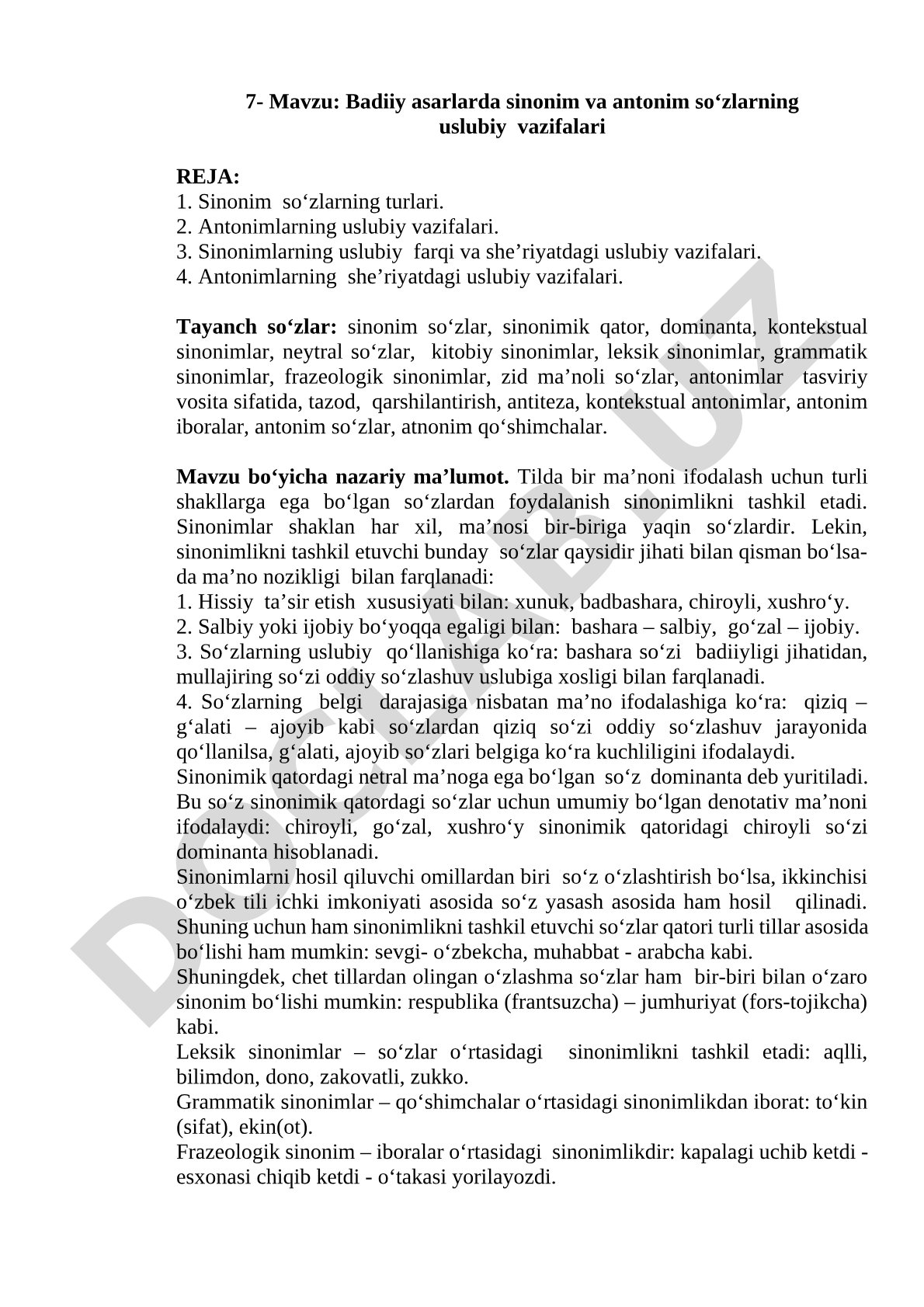 Badiiy asarlarda sinonim va antonim so‘zlarning uslubiy vazifalari