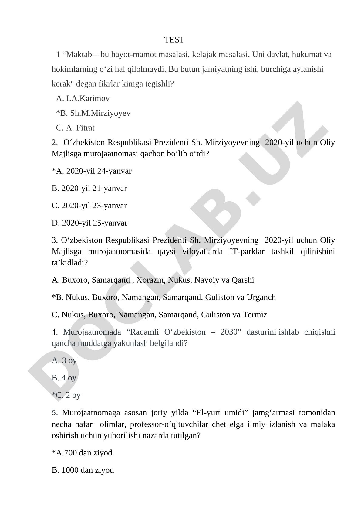 O‘zbekiston Prezidenti murojaatnomasi va yoshlar siyosati testi