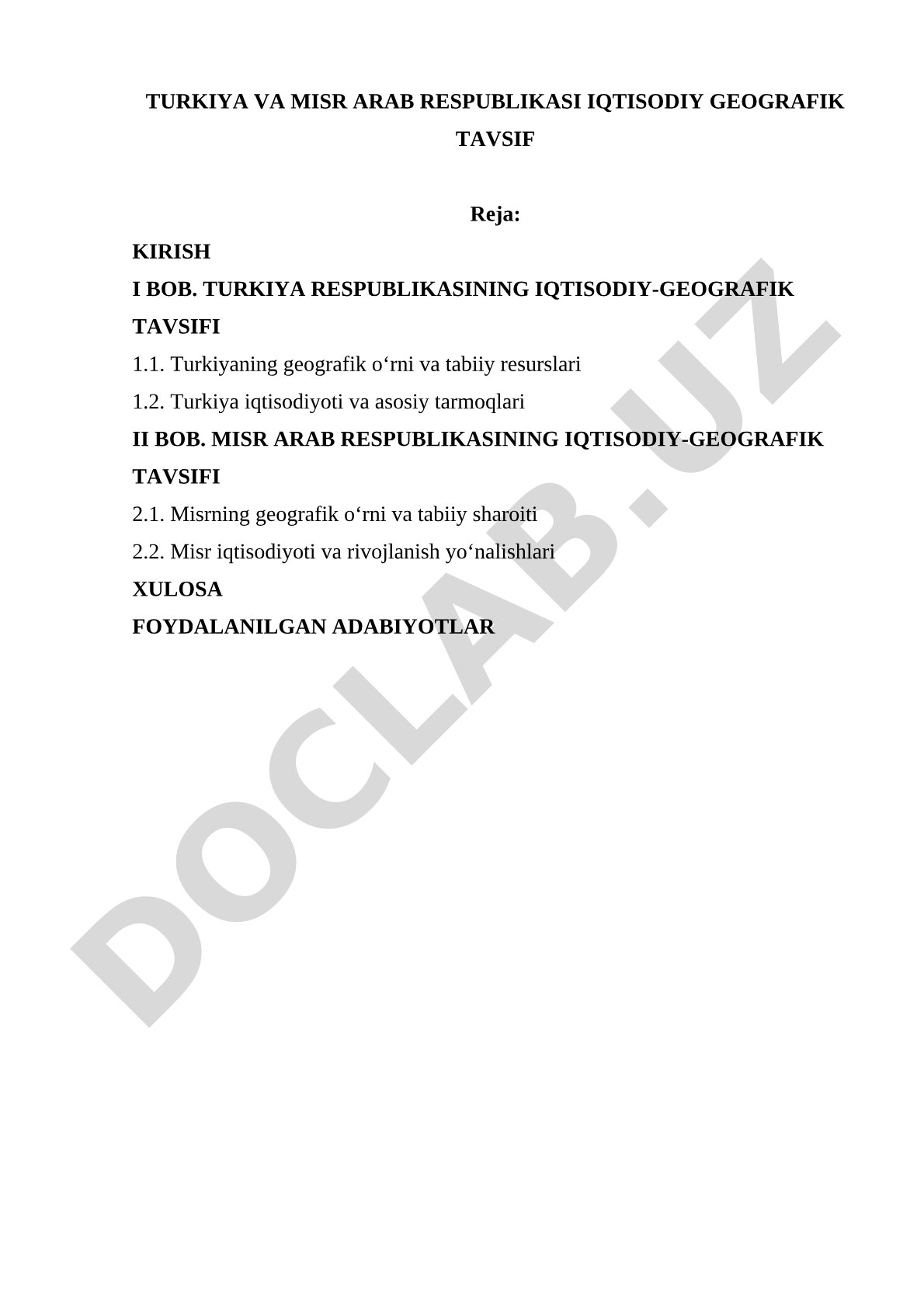 Turkiya va Misr Arab Respublikasi iqtisodiy geografik tavsif