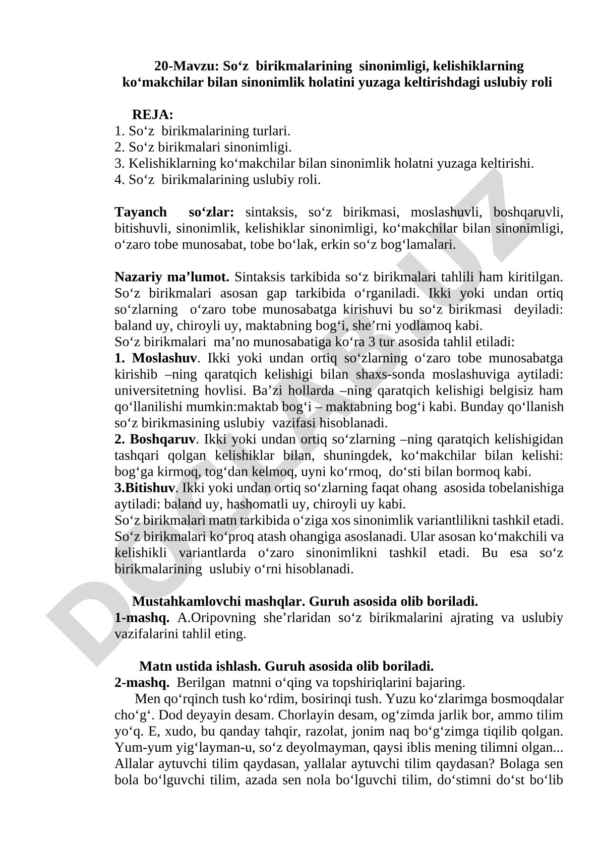 So‘z birikmalarining sinonimligi, kelishiklarning ko‘makchilar bilan sinonimlik holatini yuzaga keltirishdagi uslubiy roli