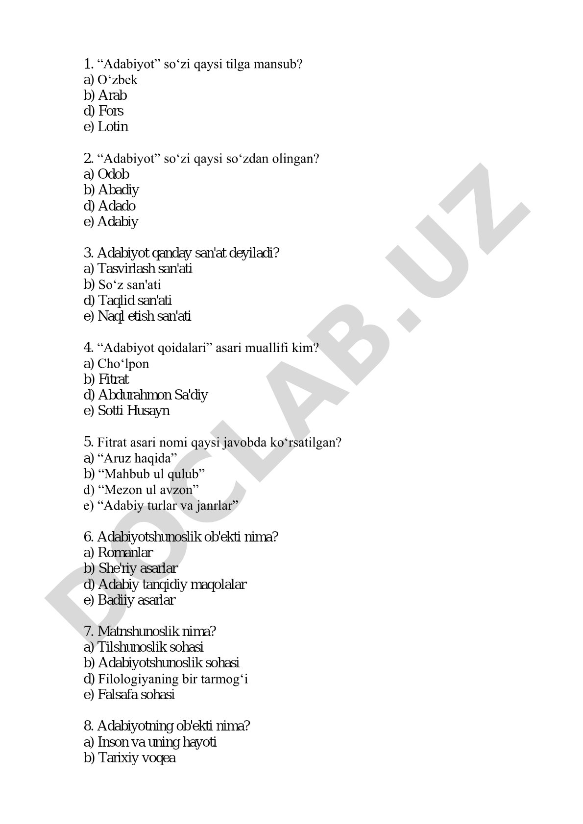 Adabiyotshunoslik fanidan test savollari