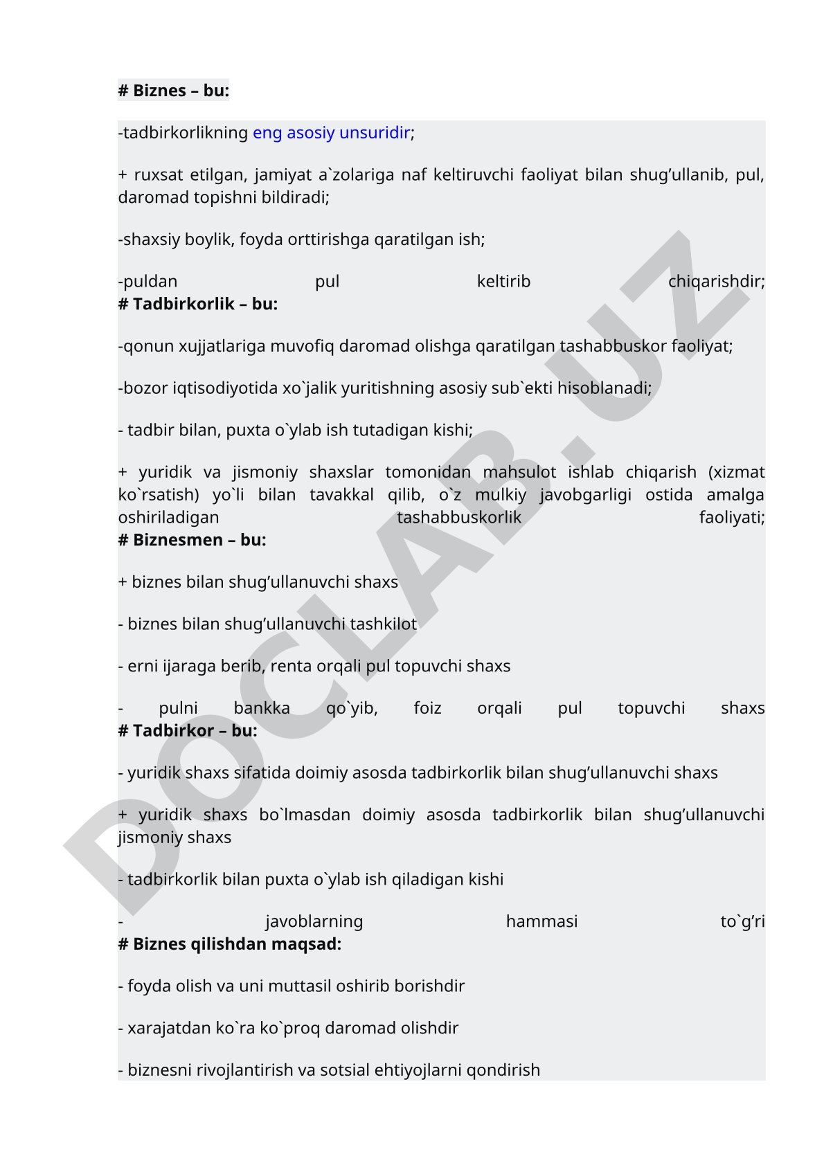 Biznes va tadbirkorlik tushunchalari