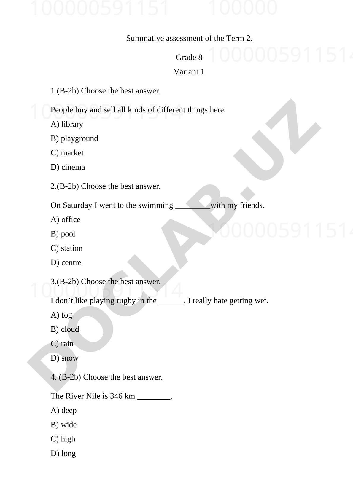 Summative assessment of the Term 2, Grade 8, Variant 1