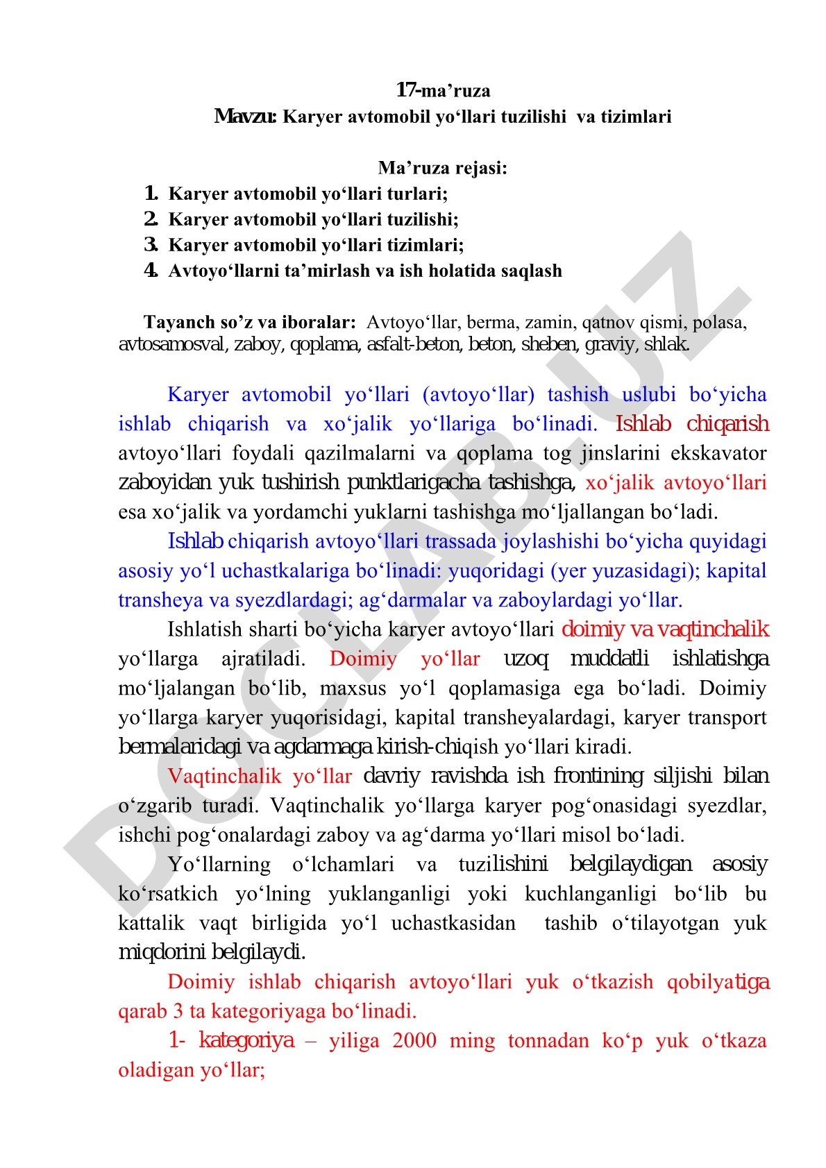 Karyer avtomobil yo‘llari tuzilishi va tizimlari