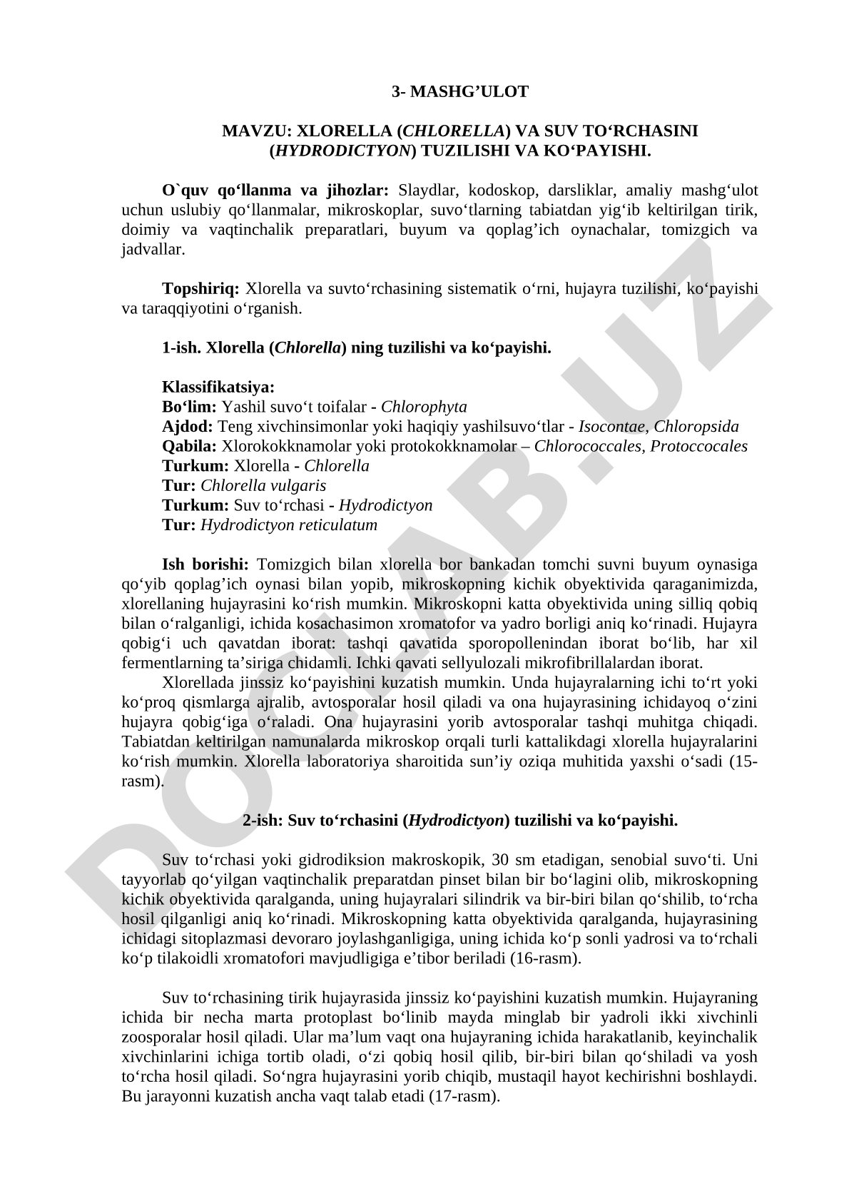 XLORELLA (CHLORELLA) VA SUV TO'RCHASINI (HYDRODICTYON) TUZILISHI VA KO'PAYISHI