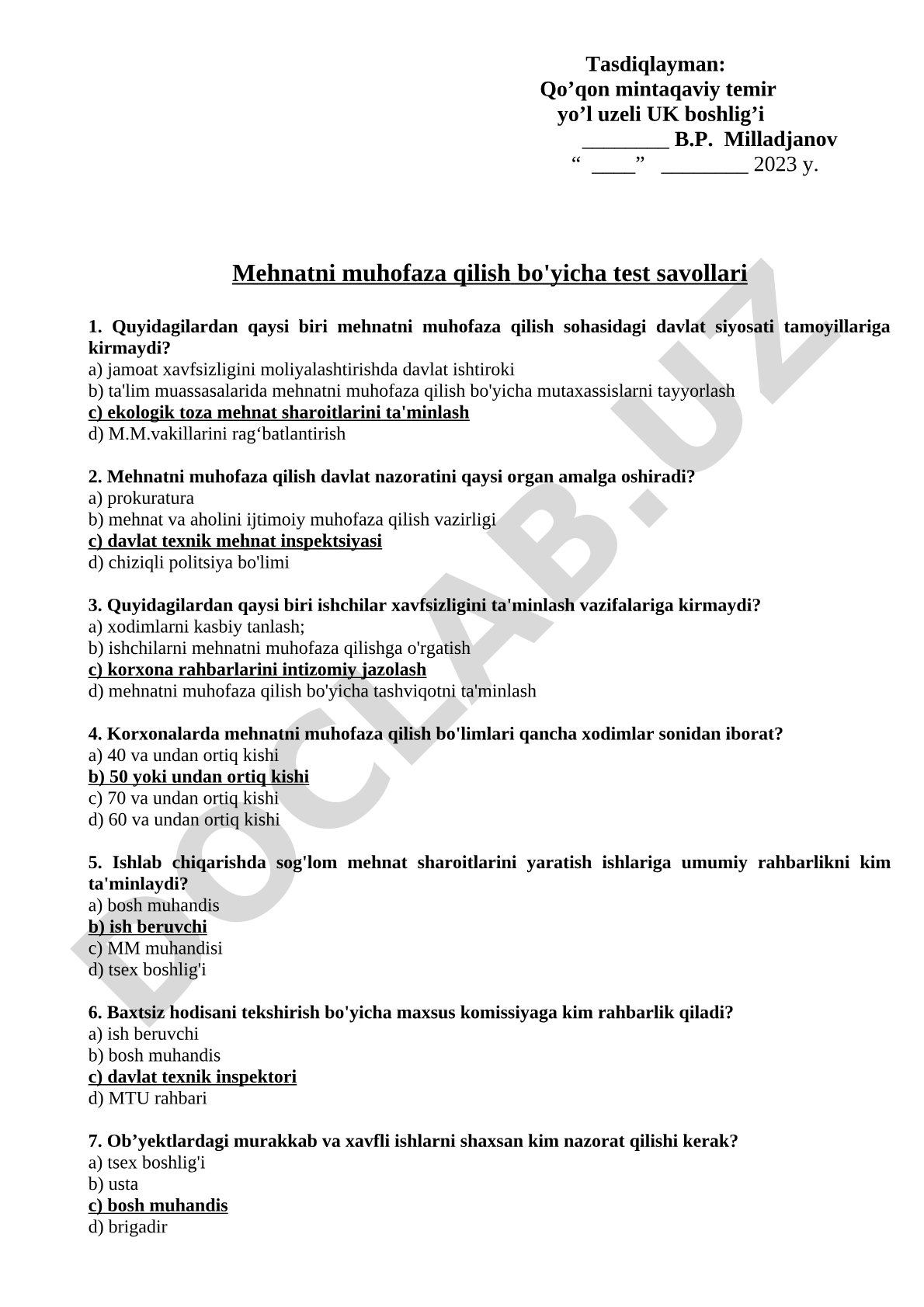 Mehnatni muhofaza qilish bo'yicha test savollari