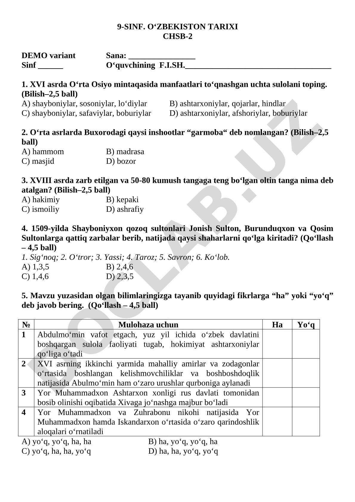 9-sinf O'zbekiston tarixi CHSB-2 demo varianti