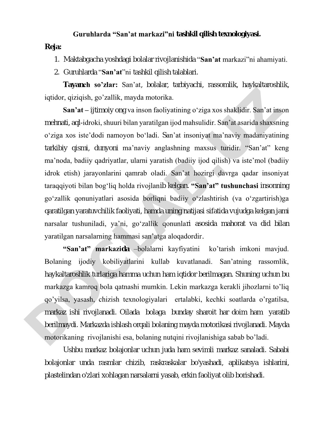 Guruhlarda “San’art markazi”ni tashkil qilish texnologiyasi