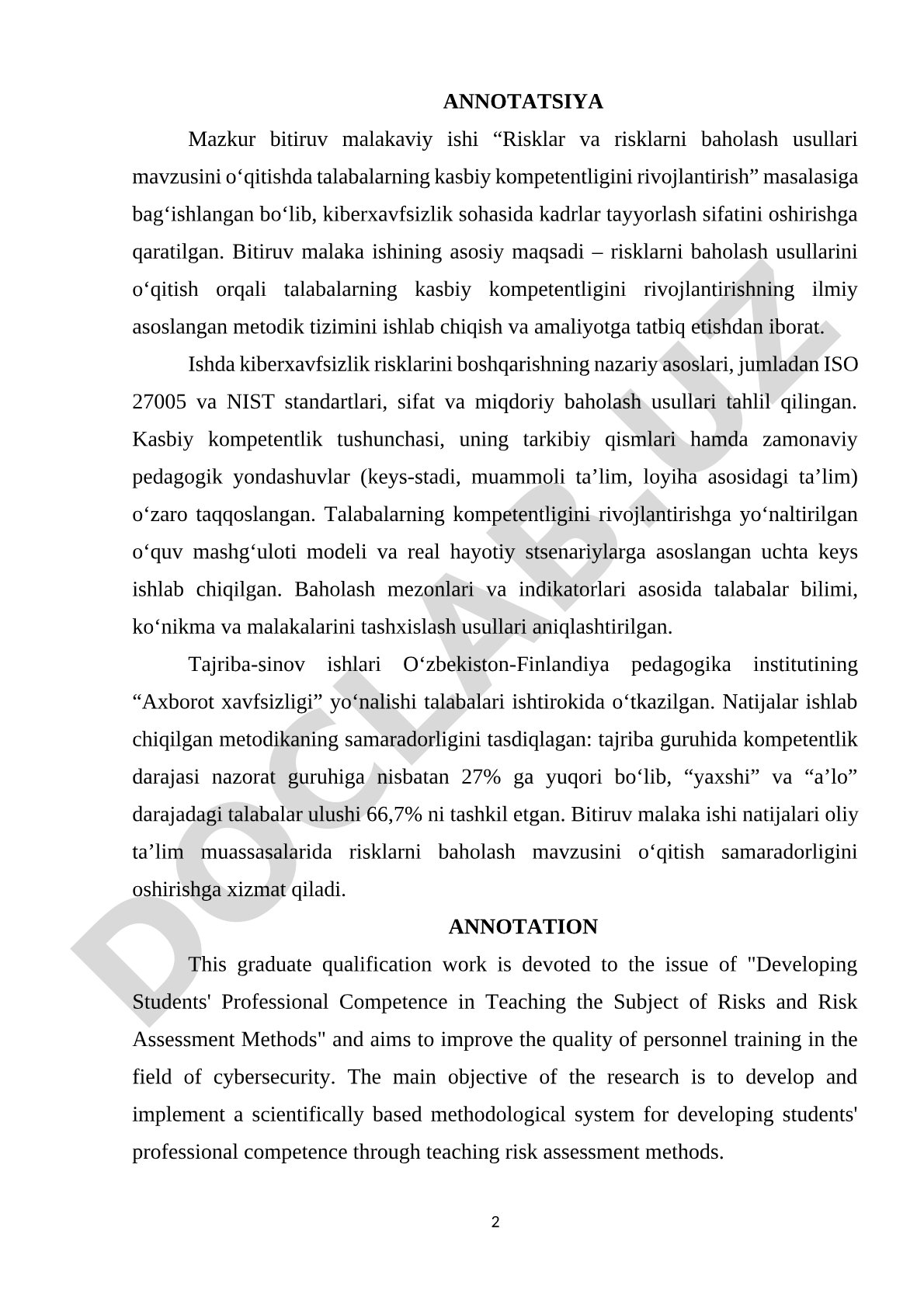 Risklar va risklarni baholash usullari mavzusini o‘qitishda talabalarning kasbiy kompetentligini rivojlantirish