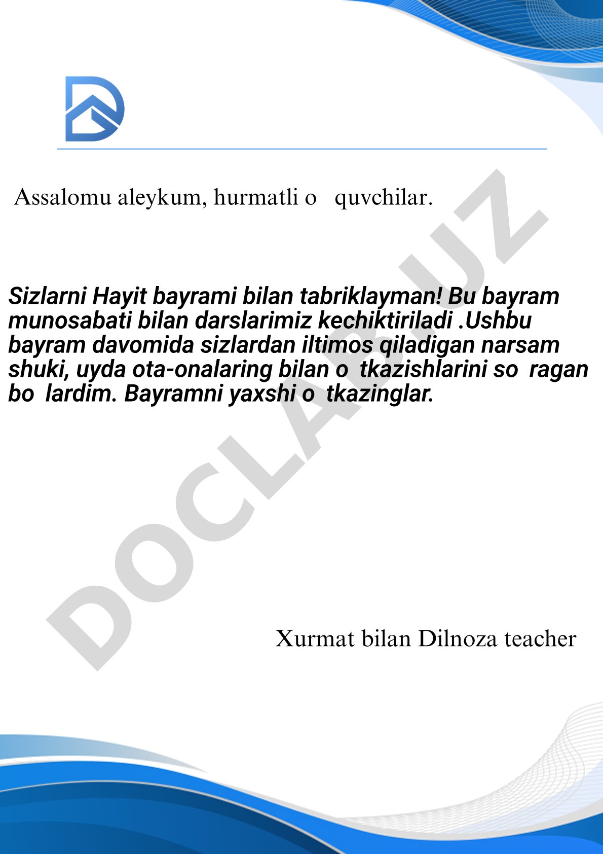 Hayit bayrami munosabati bilan darslarni kechiktirish