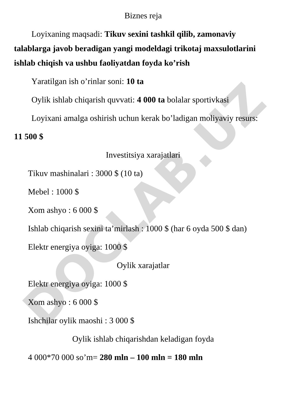 Tikuv sexi uchun biznes reja: bolalar sportivkalari ishlab chiqarish loyihasi