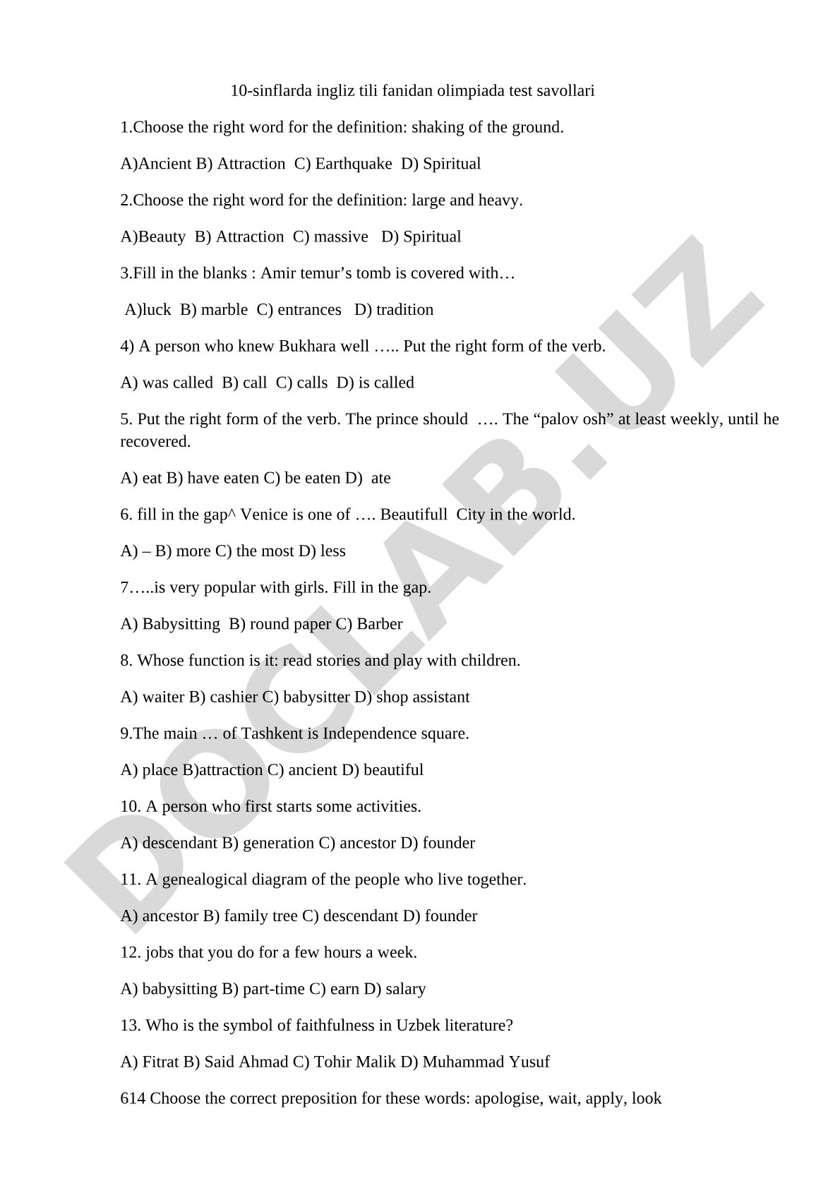 Grade 10 English Olympiad Test Questions