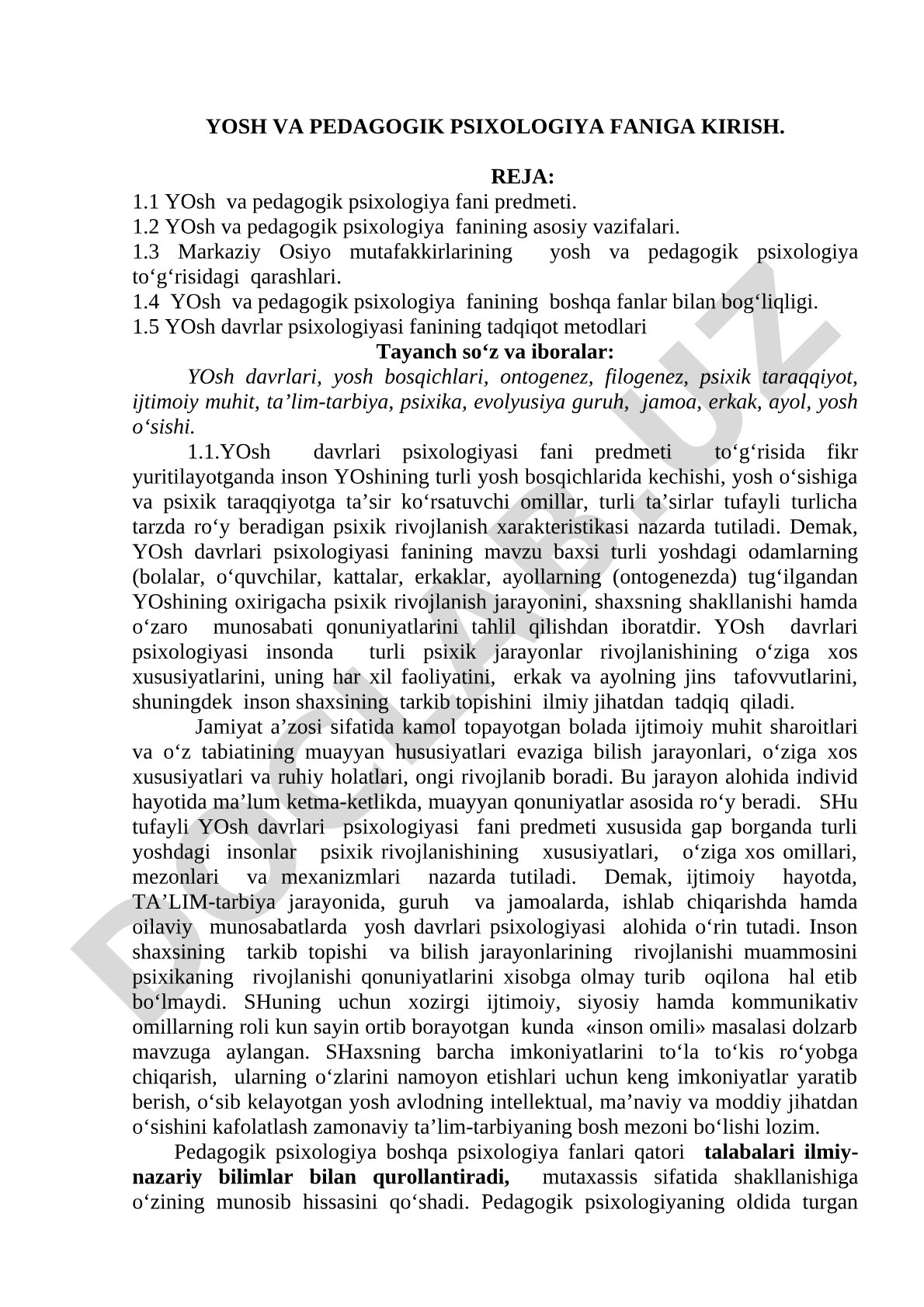 Yosh va pedagogik psixologiya faniga kirish