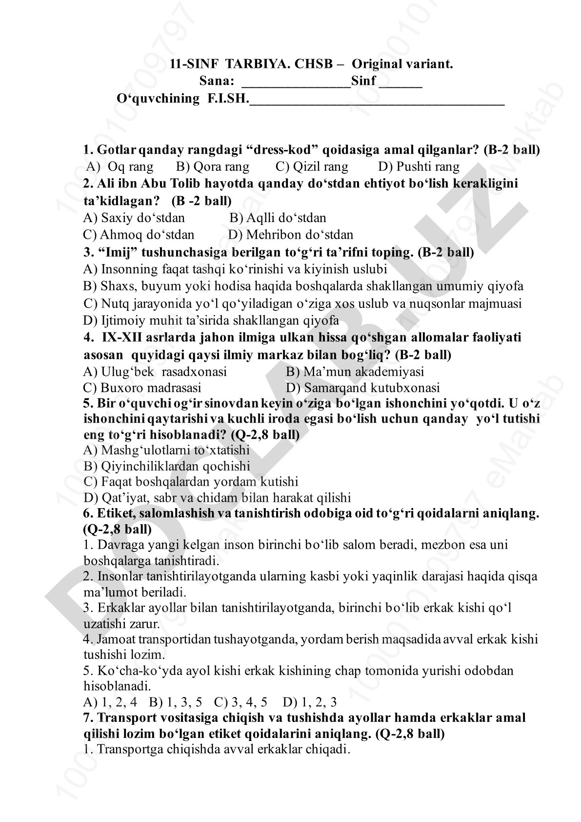 11-sinf Tarbiya fanidan CHSB test