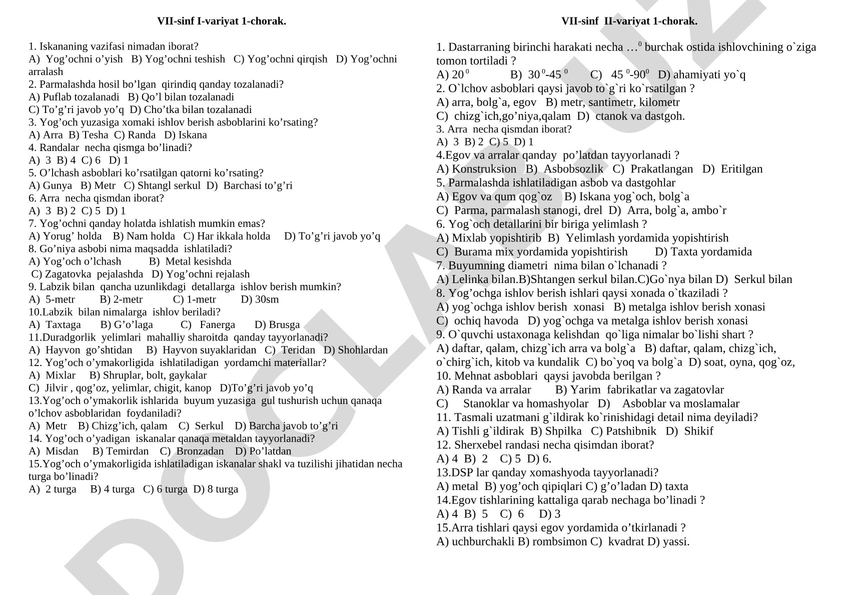 VII-sinf I-variyat 1-chorak
