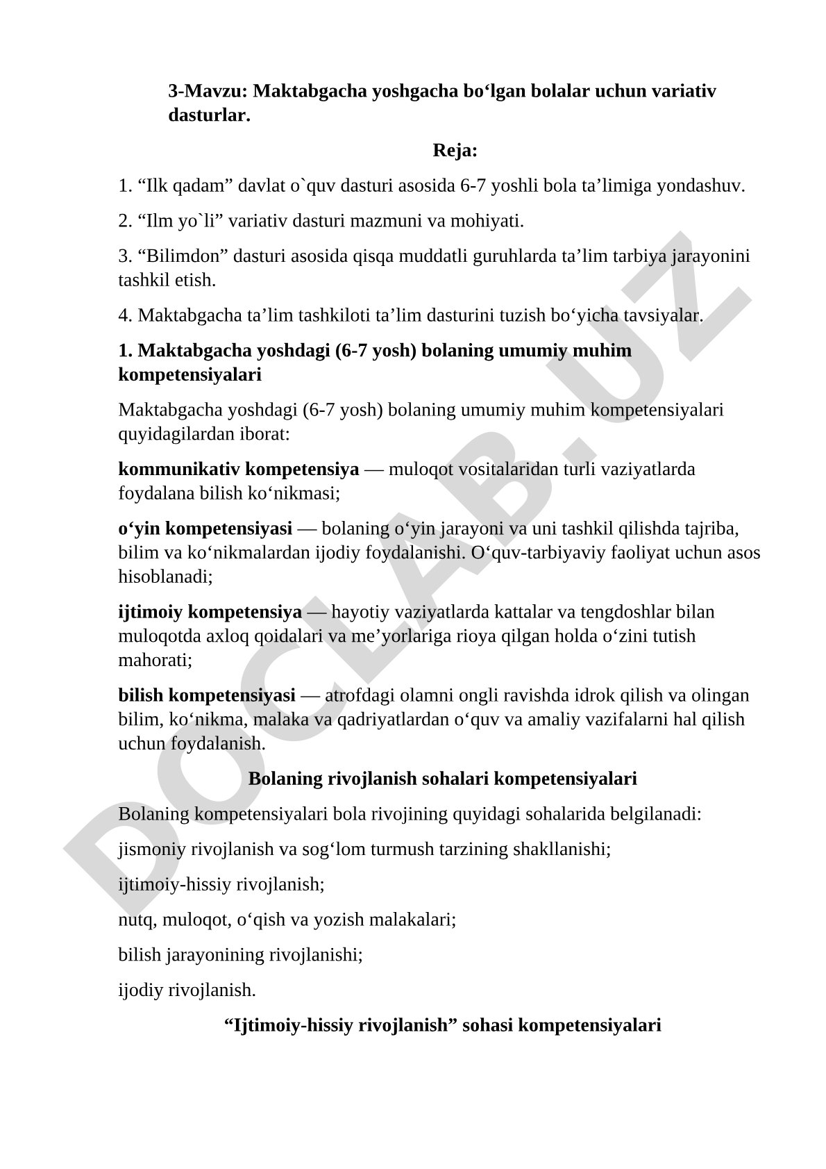 Maktabgacha yoshgacha bo‘lgan bolalar uchun variativ dasturlar