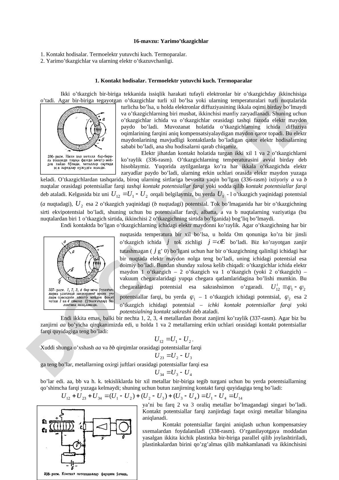 Kontakt hodisalar, termoelektr yutuvchi kuch, termoparalar va yarimo'tkazgichlarning