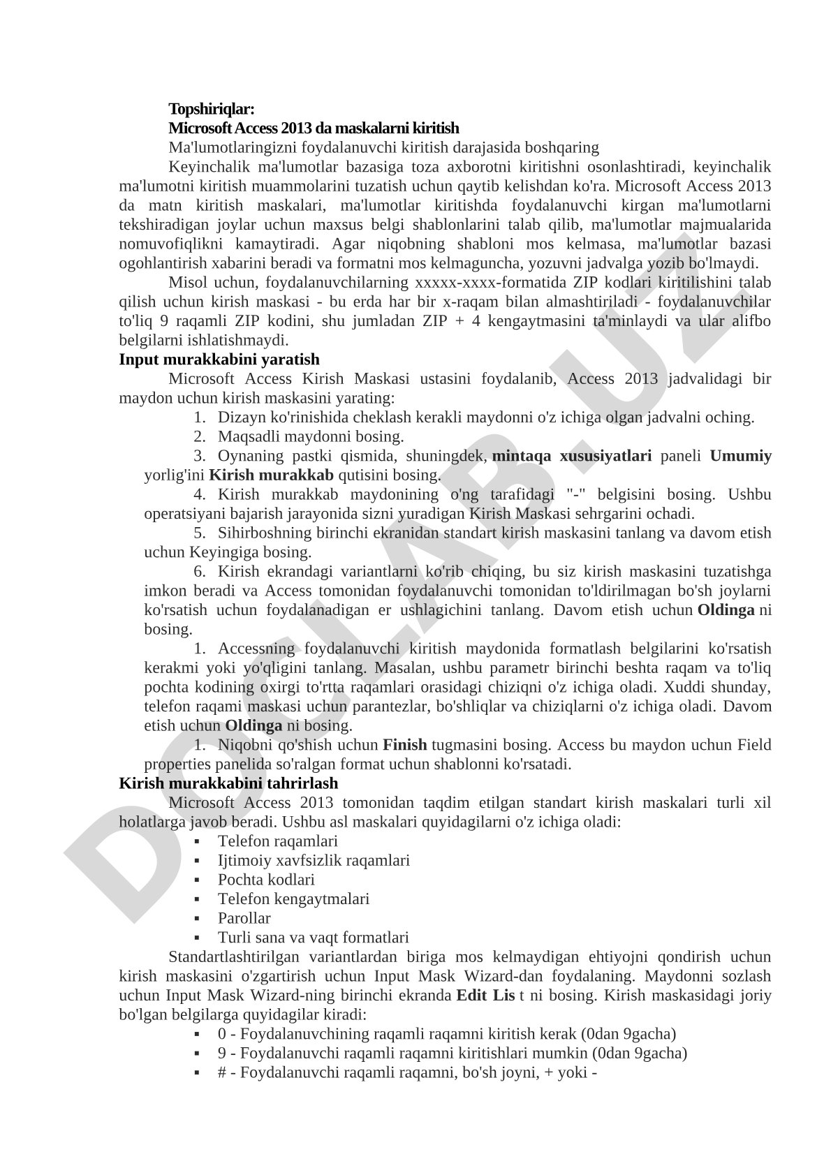 Microsoft Access 2013 da maskalarni kiritish