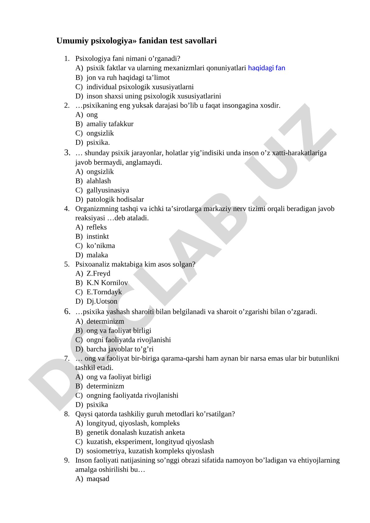 Umumiy psixologiya fanidan test savollari