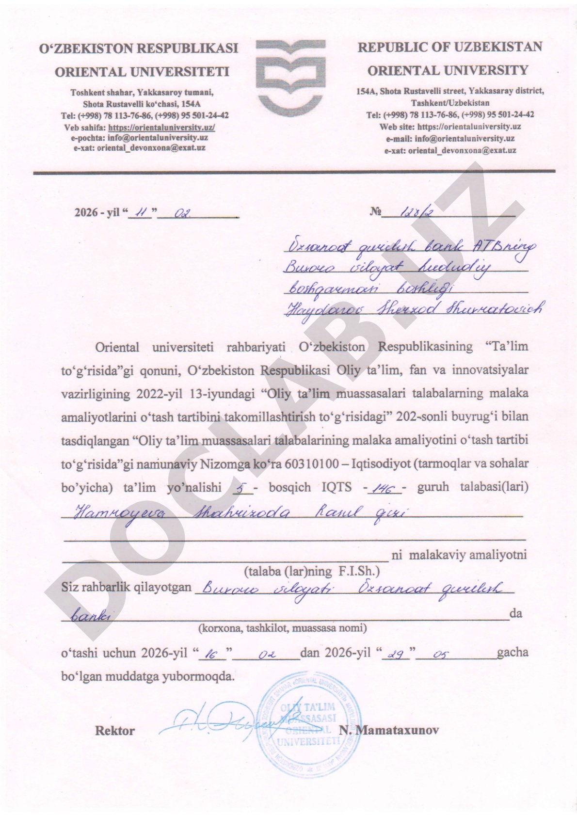 Oriental universiteti malakaviy amaliyot xati