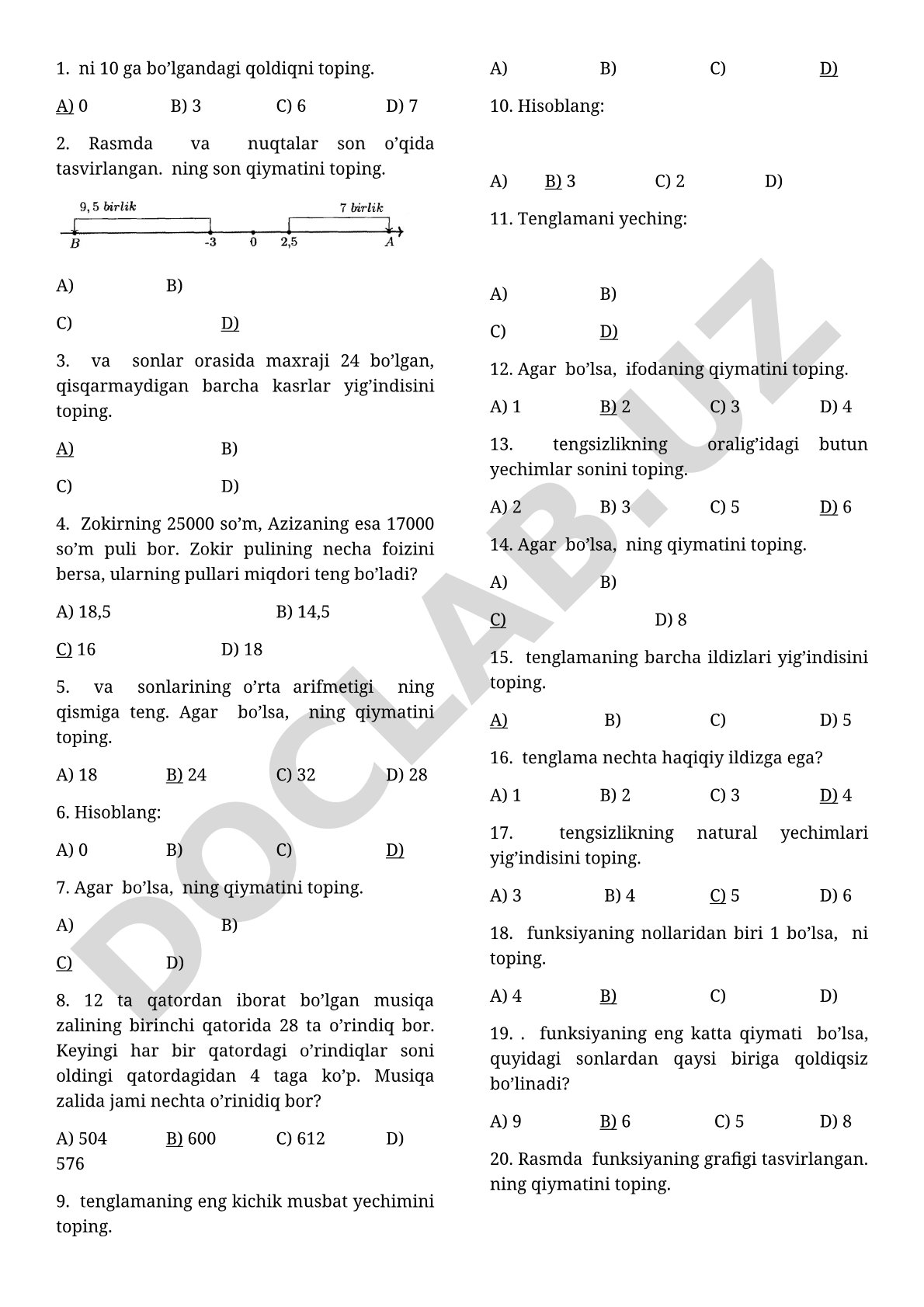 Matematika fanidan test savollari