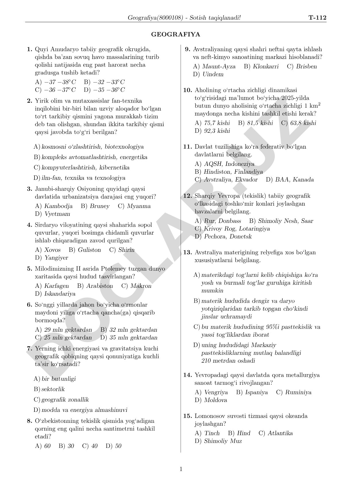 Geografiya fanidan test savollari