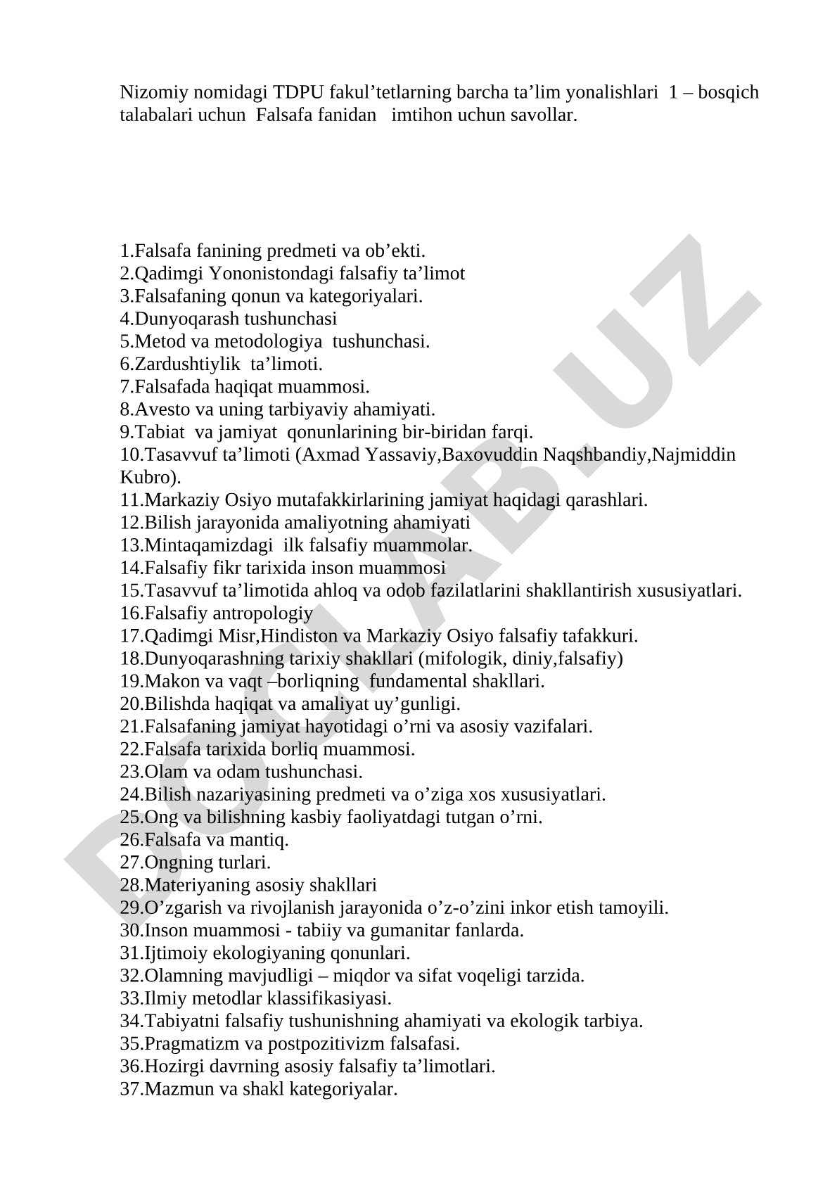 Falsafa fanidan imtihon savollari