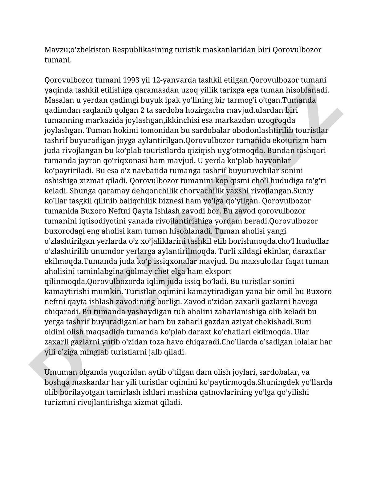 O'zbekiston Respublikasining turistik maskanlaridan biri Qorovulbozor tumani