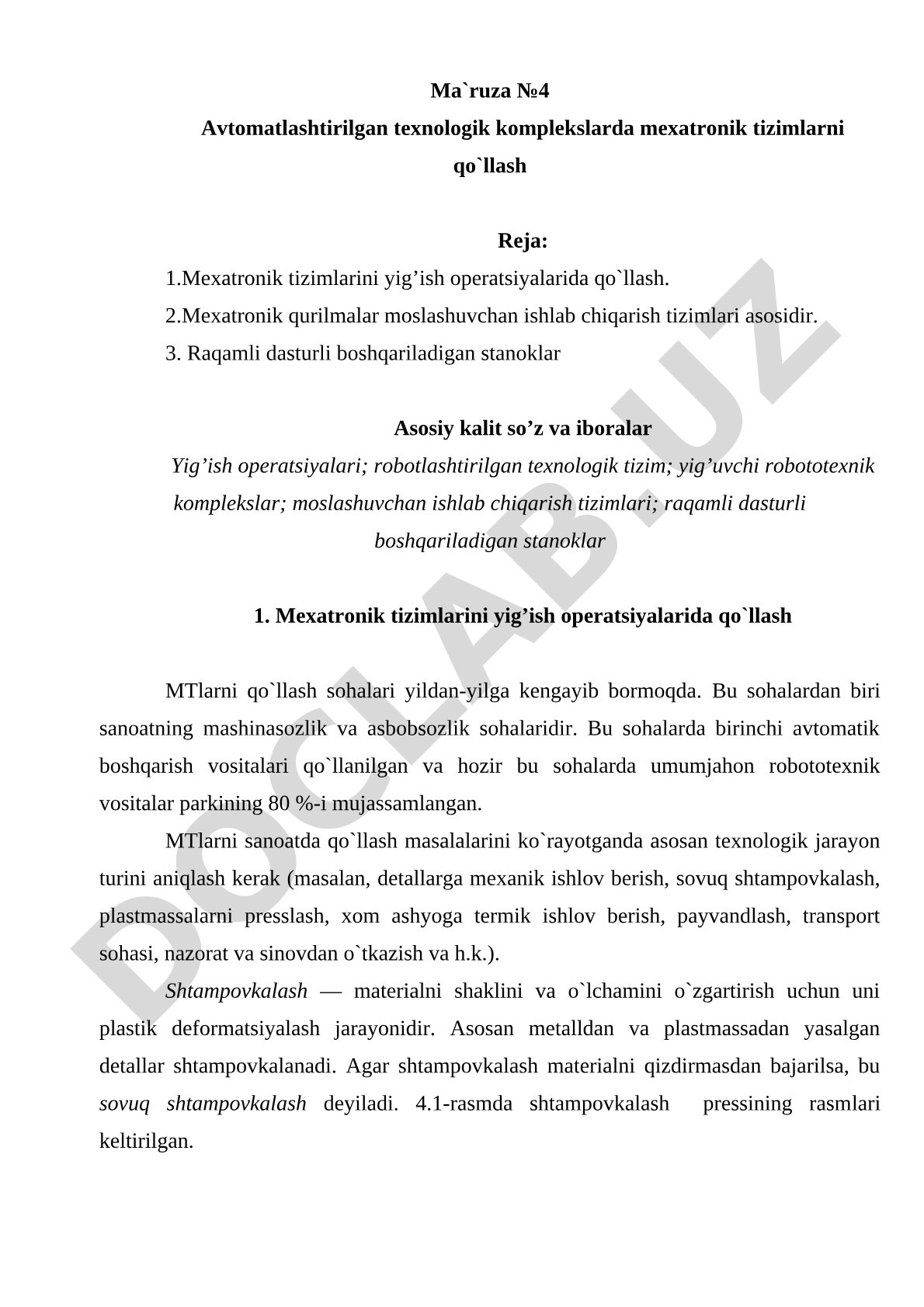 Avtomatlashtirilgan texnologik komplekslarda mexatronik tizimlarni qo`llash
