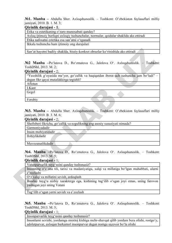 Axloqshunoslik fanidan test savollari