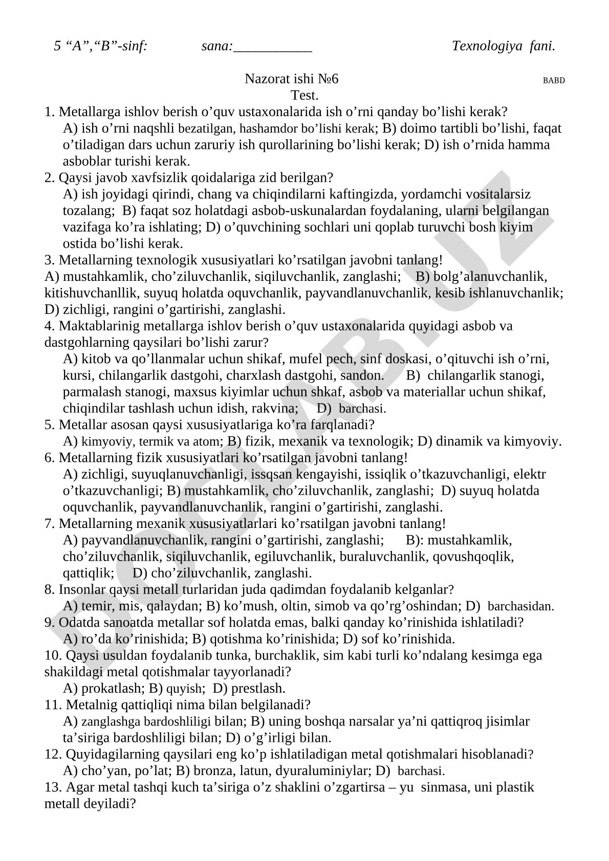 Texnologiya fanidan nazorat ishi №6 BABD Test