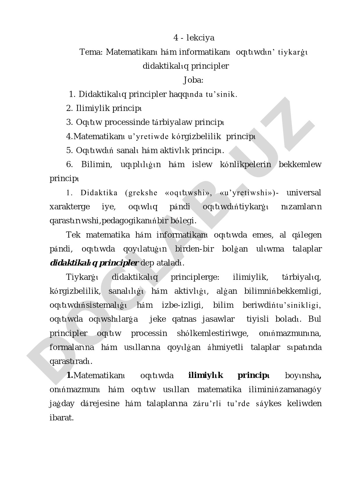 Matematikanι hám informatikanι oqιtιwdιn’ tiykarġι didaktikalιq principler
