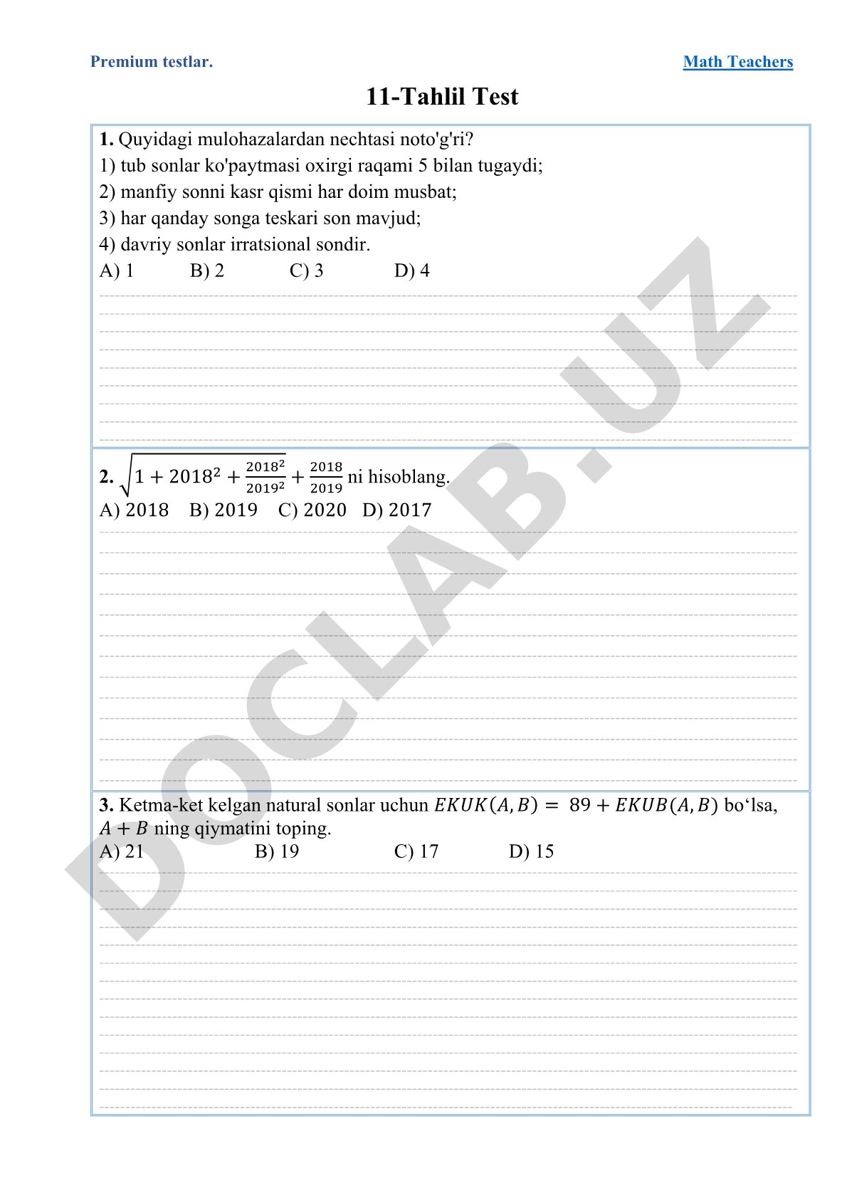 Math Teachers 11-Tahlil Test 1