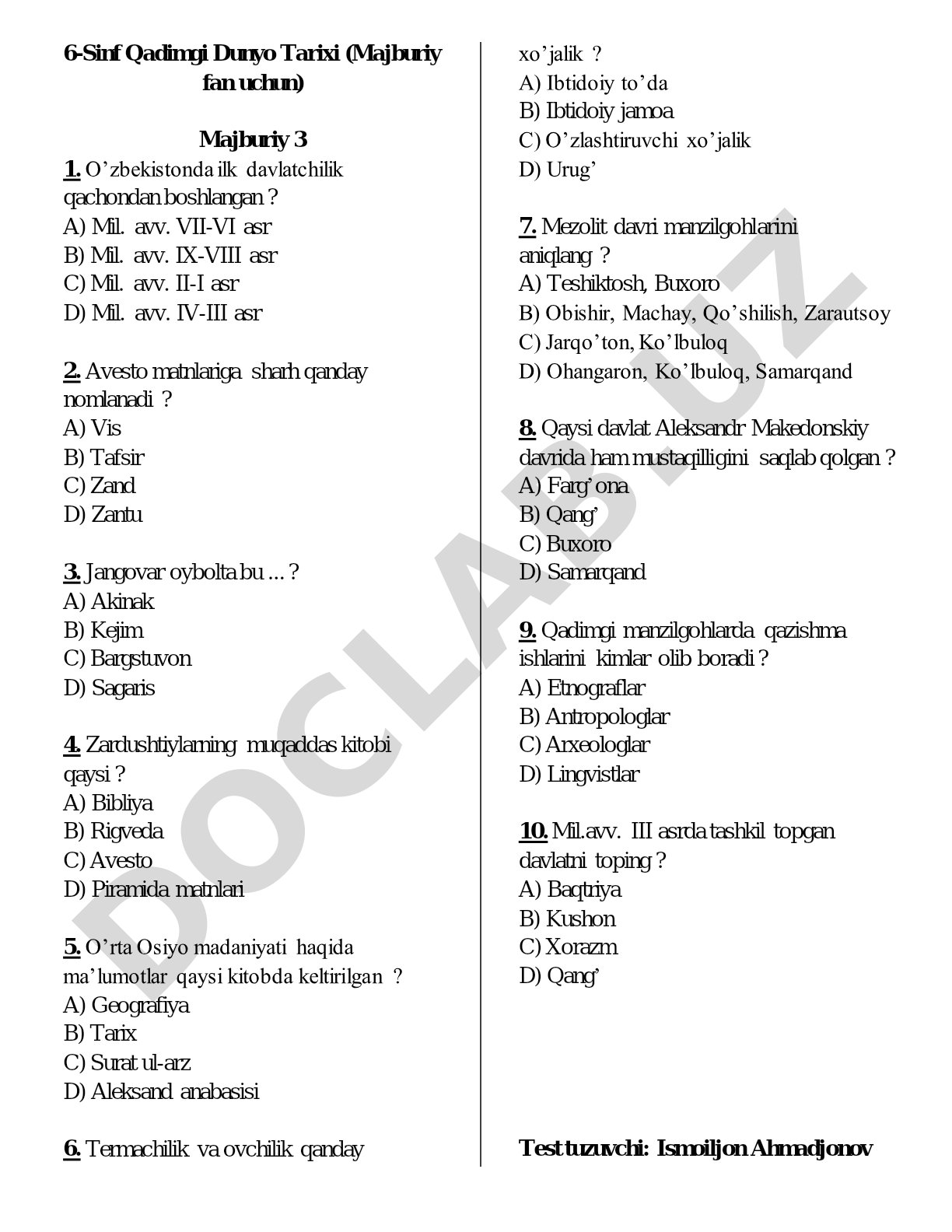 6-sinf Qadimgi Dunyo Tarixi fanidan test savollari