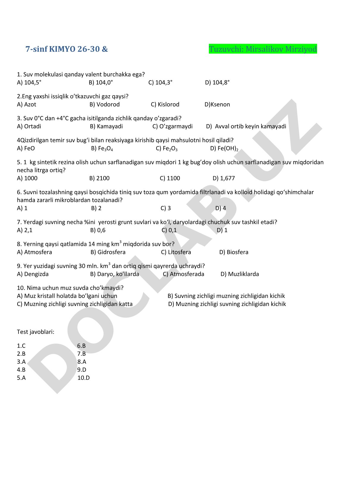 7-sinf kimyo fanidan suv va uning xossalari bo'yicha test savollari