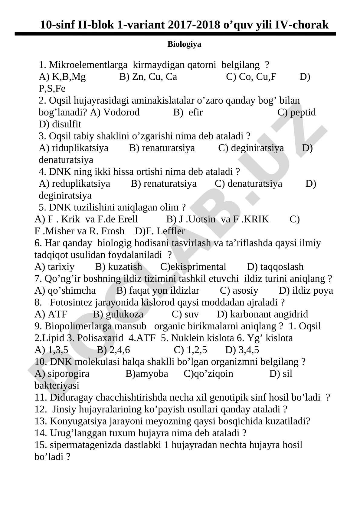 10-sinf biologiya II-blok 1-variant test savollari