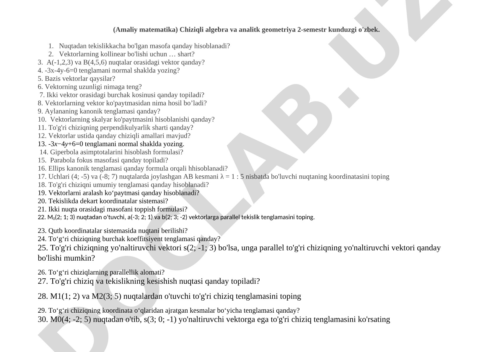 Chiziqli algebra va analitik geometriya 2-semestr savollari