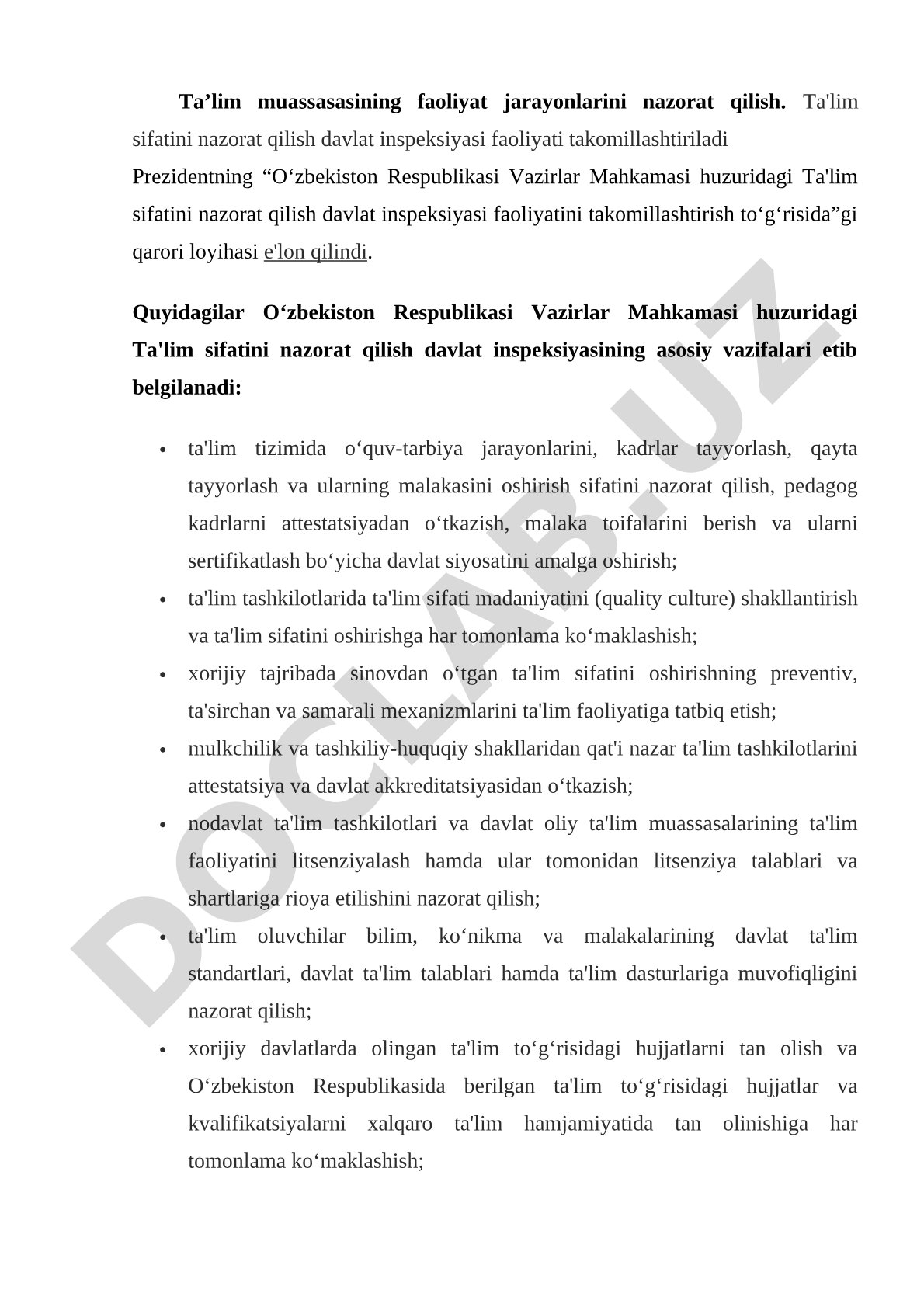 Ta'lim sifatini nazorat qilish davlat inspeksiyasi vazifalari