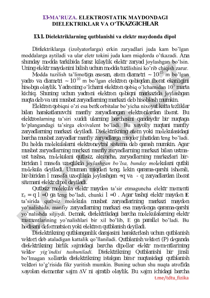 Elektrostatik maydondagi dielektriklar va o'tkazgichlar