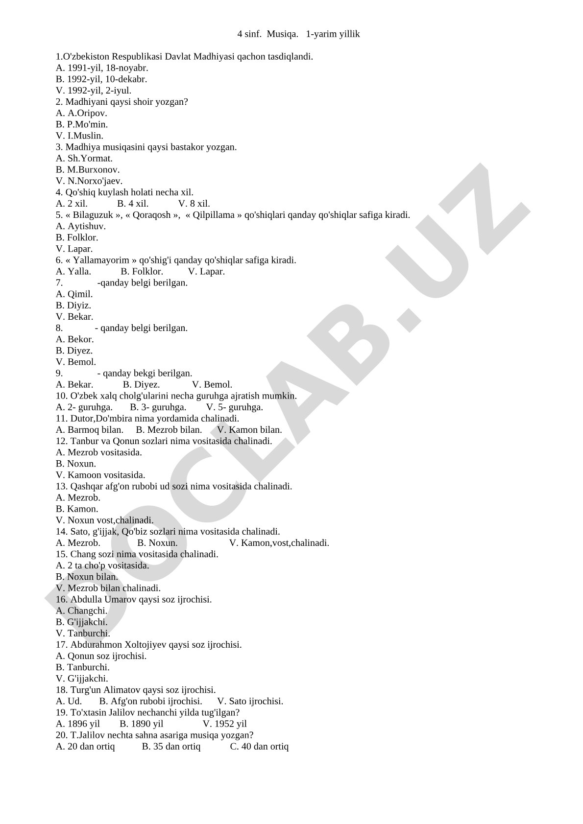 4-sinf Musiqa 1-yarim yillik test savollari