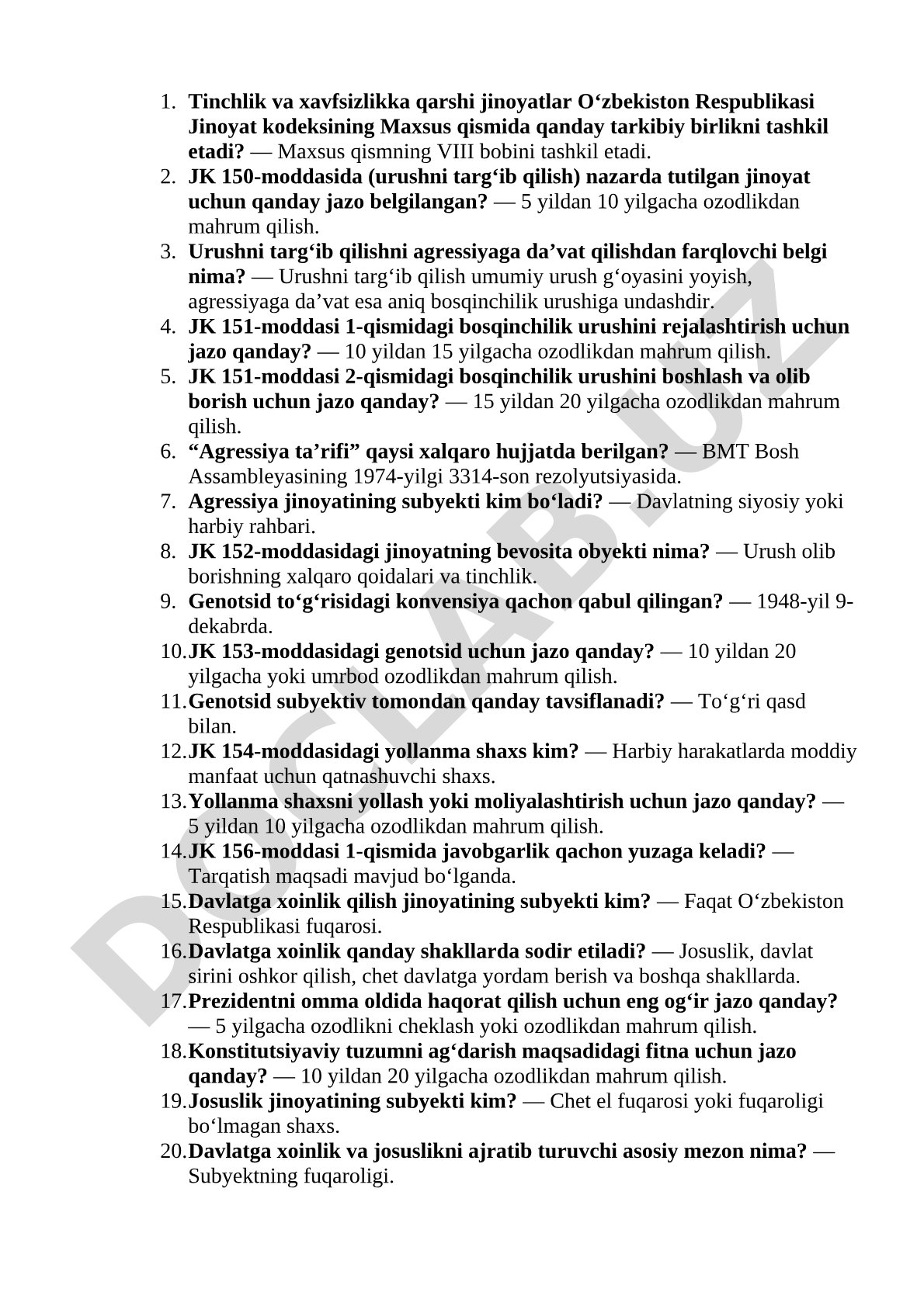 Tinchlik va xavfsizlikka qarshi jinoyatlar bo'yicha savol-javoblar