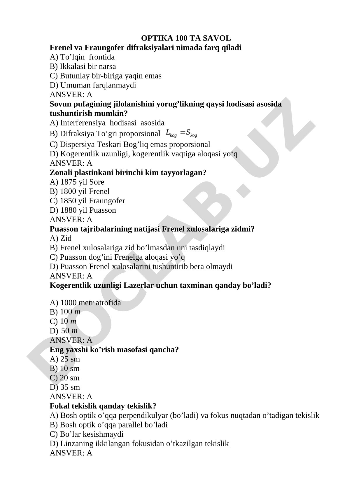 Optika 100 ta savol