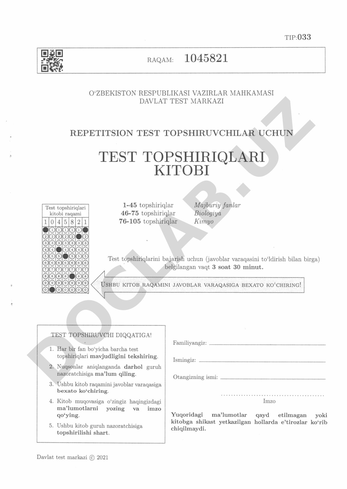 Biologiya va kimyo fanlaridan repetitsion test topshiriqlari