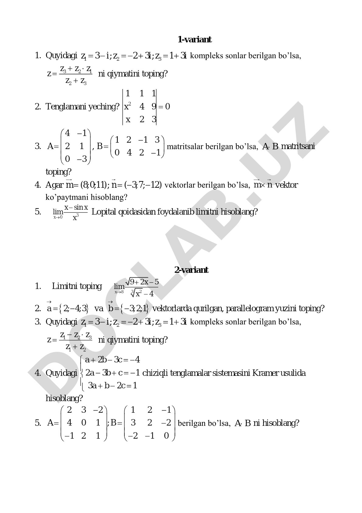 Oliy matematika masalalar to'plami
