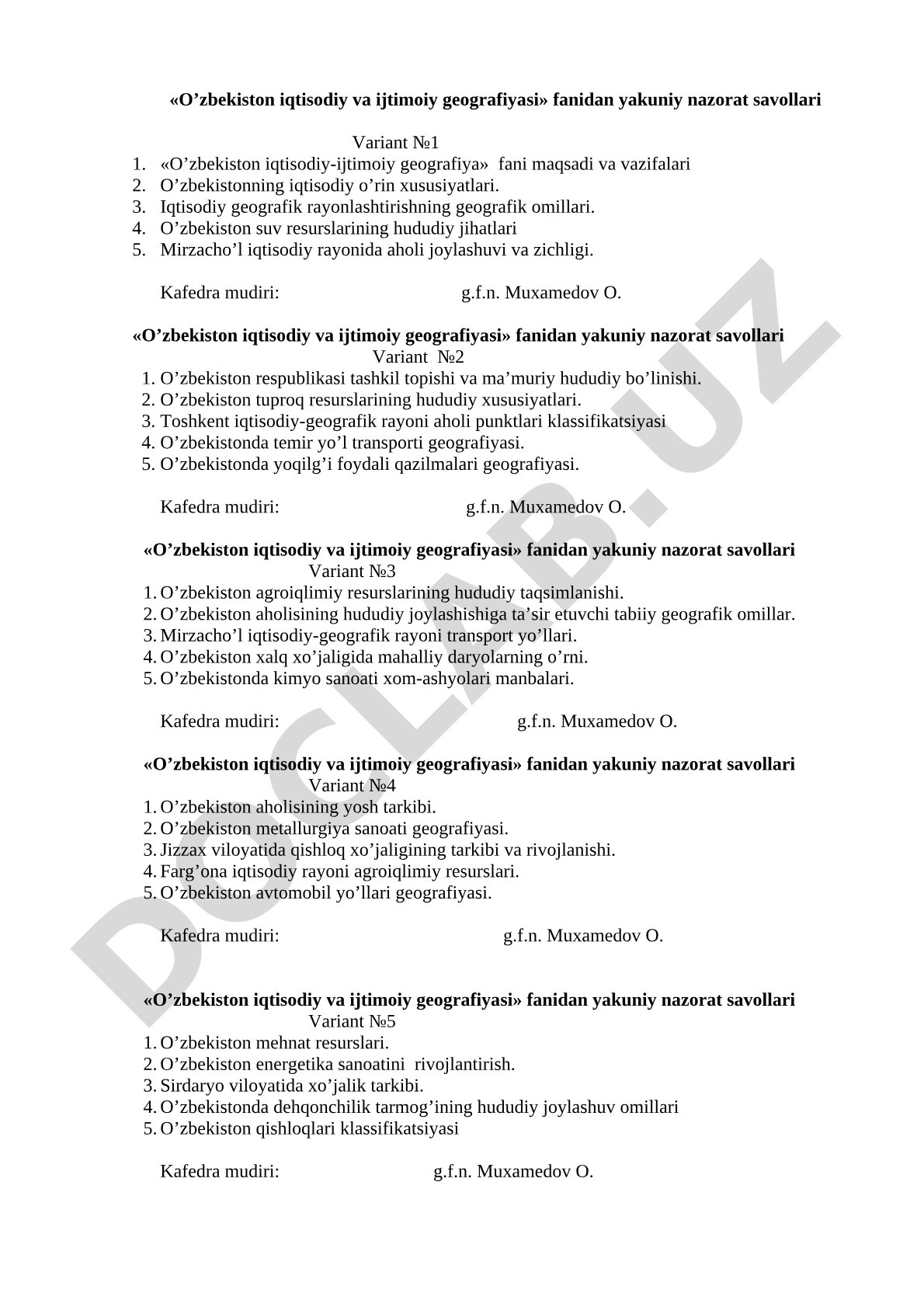 O‘zbekiston iqtisodiy va ijtimoiy geografiyasi fanidan yakuniy nazorat savollari