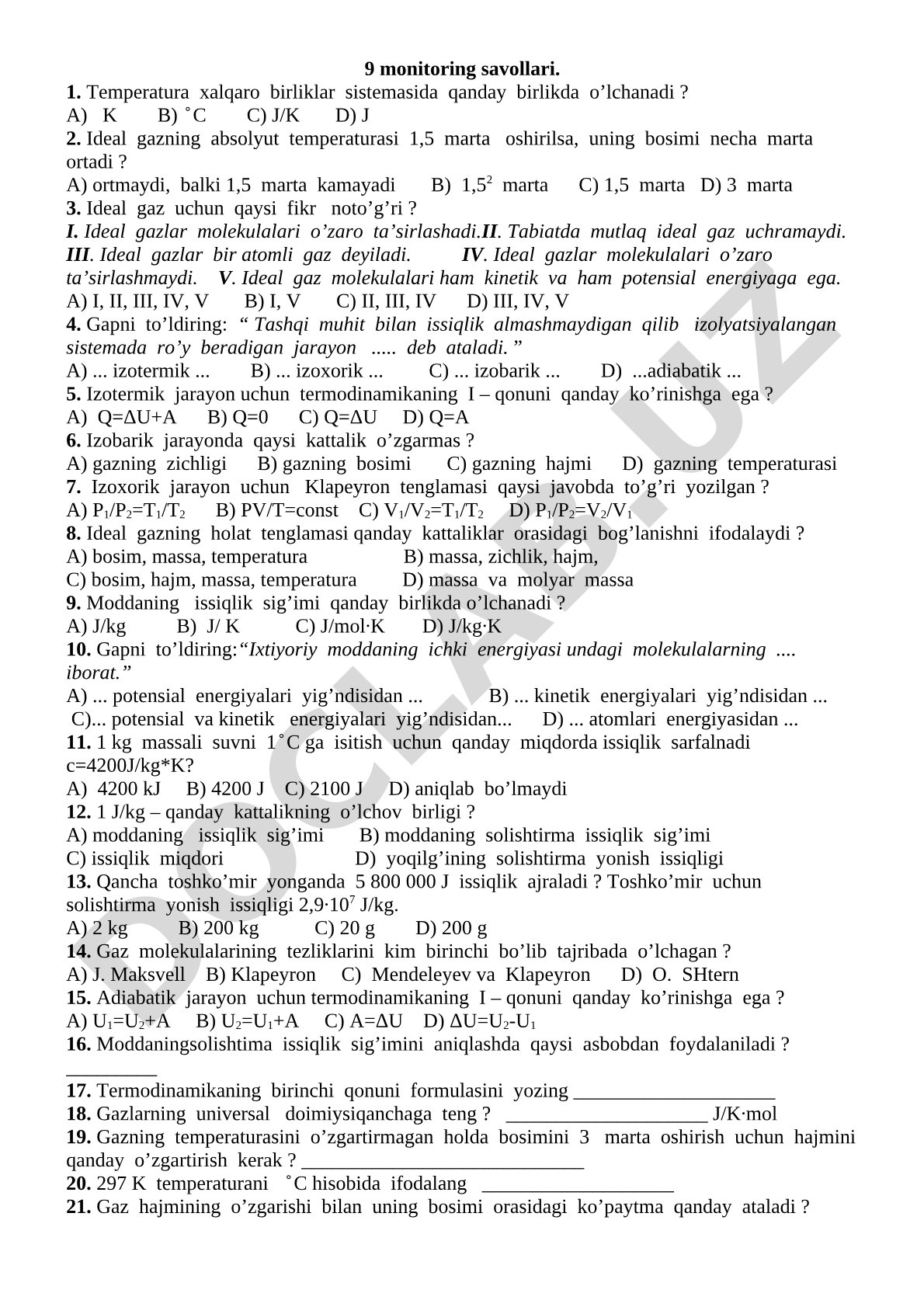 Termodinamika va ideal gaz qonunlari bo'yicha monitoring savollari