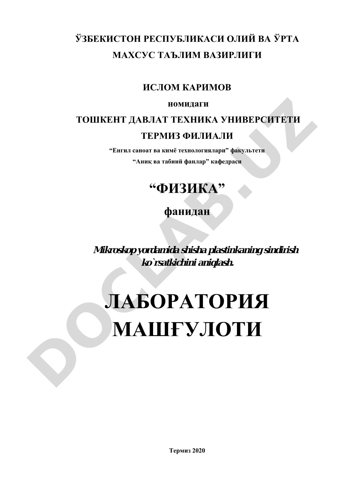 Mikroskop yordamida shisha plastinkaning sindirish ko`rsatkichini aniqlash