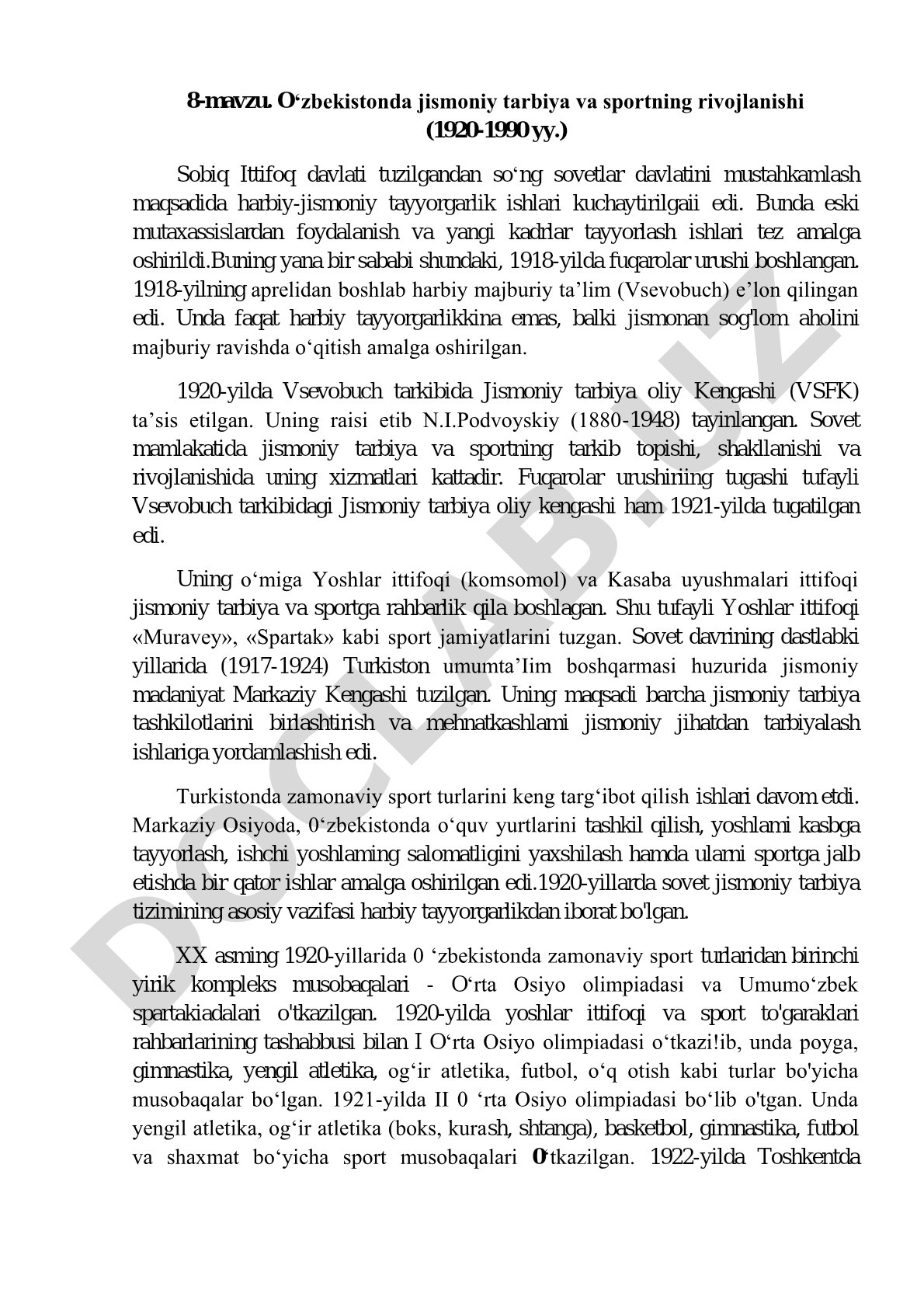 O‘zbekistonda jismoniy tarbiya va sportning rivojlanishi (1920-1990 yy.)